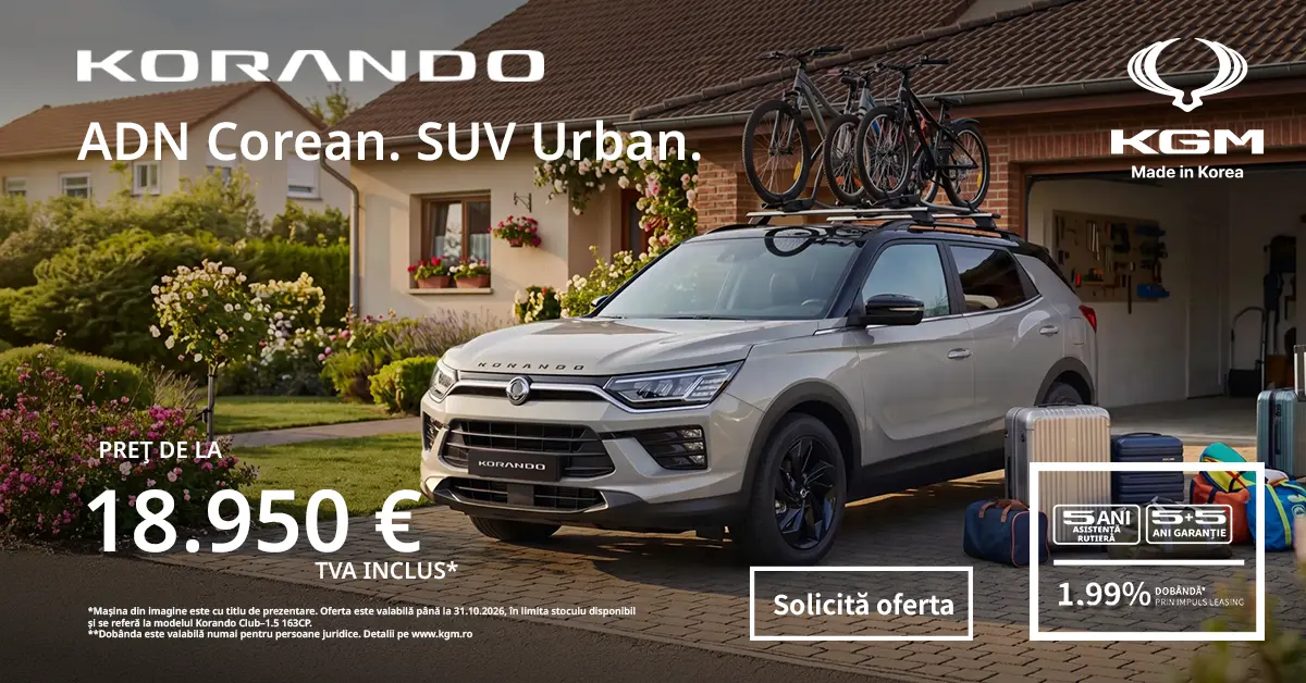 KGM Korando — ADN Corean. SUV Urban. Preț de la 18.950 € TVA inclus, 5+5 ani garanție, dobândă 1,99% prin Impuls Leasing